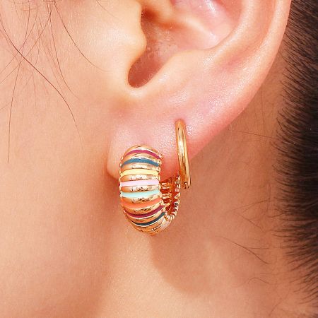 Enamel Rainbow Gold Plated Stainless Steel Chunky Hoop Earrings (Set of 5) - A close-up of a single 18K gold-plated stainless steel chunky hoop earring with vibrant rainbow-colored enamel stripes, on a white background.