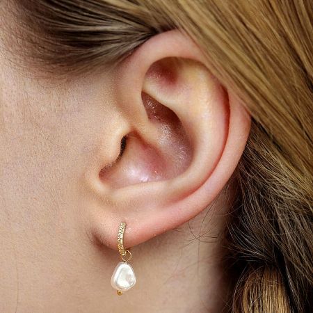 925 Sterling Silver Baroque Irregular Pearl Zirconia Drop Earring (5 pairs) - A close-up studio shot of a 925 sterling silver baroque drop earring, featuring a large, irregular white pearl and a sparkling zirconia stone.