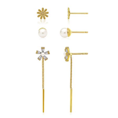 The complete 3-pack gold-tone earring set displayed together, highlighting the different stud and dangle styles.