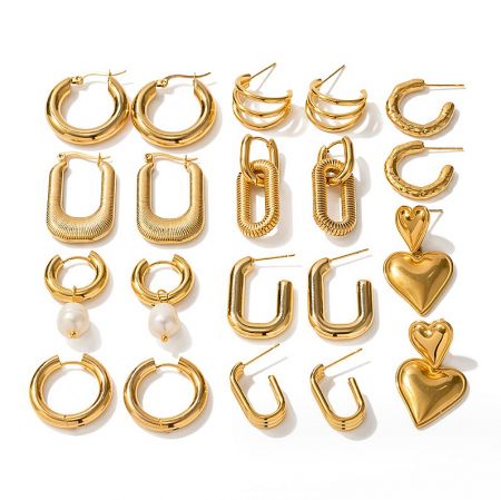 Diverse styles of 18K gold plated hoop earrings, including heart-shaped and pearl-accented designs.