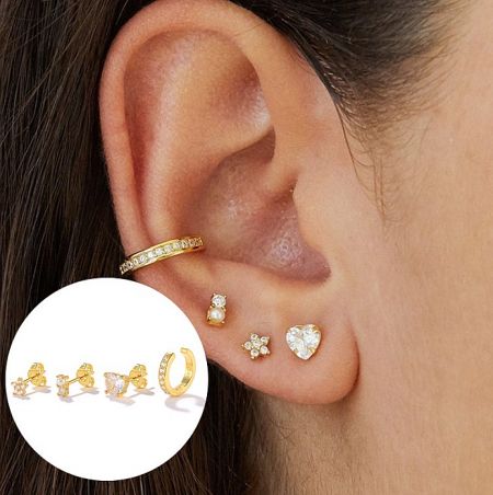 Model showcasing the versatile 18k gold stud earrings set, including hoop, pearl, flower, and heart designs.