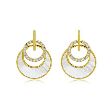 Runda CZ med runda snäcka hängörhängen - Ett par runda CZ med runda snäcka hängörhängen, med guldplätering, glittrande kubiska zirkonia-stift och en cirkulär pärlemorsdroppe.