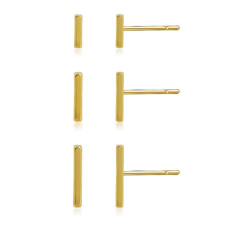 Three pairs of gold mini bar stud earrings arranged neatly to show the different sizes.