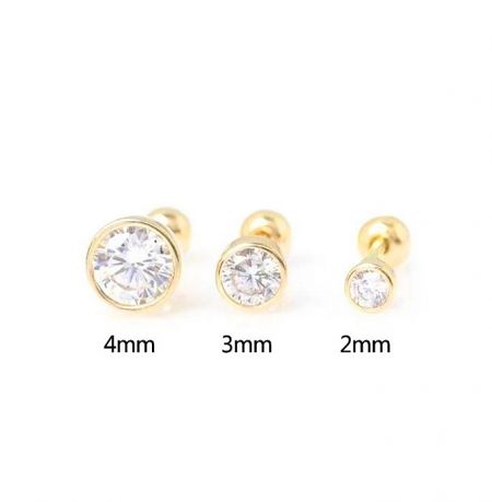 2mm 3mm 4mm Round Shape White Cubic Zirconia Stud Earrings - Size comparison of 2mm, 3mm, and 4mm round white cubic zirconia stud earrings in a gold finish.