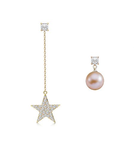 Star Pearl Link Chain Earrings - A pair of Star Pearl Link Chain Earrings featuring a gold star charm with cubic zirconia and a separate elegant pearl stud, displayed on a neutral background.