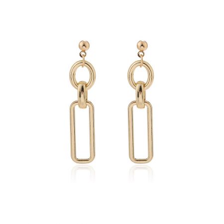 Gold Filled Link Earrings - A studio shot of the Gold Filled Link Earrings JRE-063, showcasing the polished gold finish and the modern design with a ball, ring, and rectangular frame.