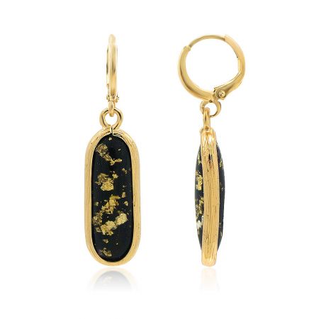 Side profile of the Black and Gold Resin Earrings showing the gold-plated hook and resin setting.