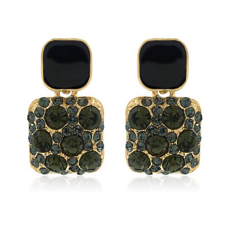 Black Stud Enamel Earrings - Close-up of Black Stud Enamel Earrings with gold plating and black diamond Czech crystals.
