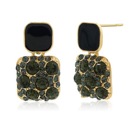 Detailed view of the Black Stud Enamel Earrings, highlighting the intricate design and crystal setting.