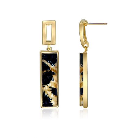 Detailed side view of the leopard print stud earring, highlighting the rectangular black and gold inlaid stone.