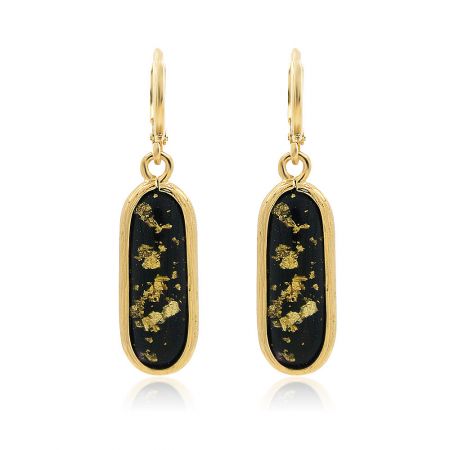 Black And Gold Resin Earrings - A pair of Black and Gold Resin Earrings with gold-plated hooks, showcasing black resin with elegant gold flecks.