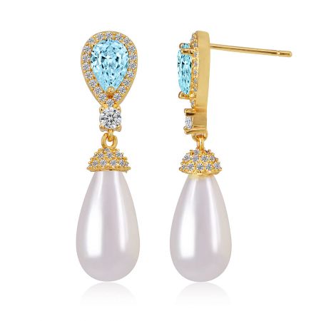Side view of the gold-plated earrings showcasing the light blue teardrop gemstones, white diamonds, and large white pearls.