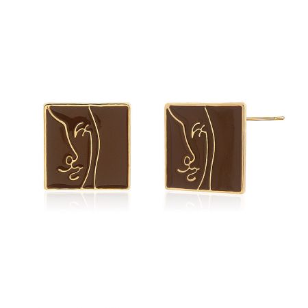 Close-up view of the gold-plated stud earring highlighting the brown enamel face design.
