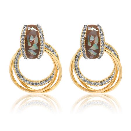 Brown Shell Print Enamel Hoops Drop Earrings - A close-up of the Brown Shell Print Enamel Hoops Drop Earrings, showcasing the gold plating, iridescent brown shell epoxy, and surrounding white Czech crystals.