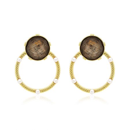 Brown Glitter Resin Gold Earrings - A close-up view of the Brown Glitter Resin Gold Earrings, showcasing the gold-plated brass, sparkling brown resin, and delicate white pearl details.