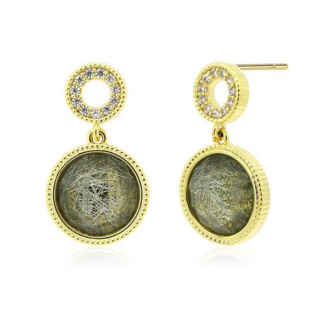 Detailed view of the gold-plated brass earrings, highlighting the circular design with white cubic zirconia and textured greenish glitter resin.