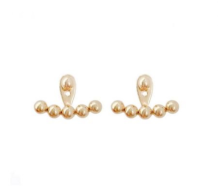 Ball Ear Jackets Wholesale - A pair of polished gold-plated ball ear jacket earrings with sterling silver posts, shown against a white background.