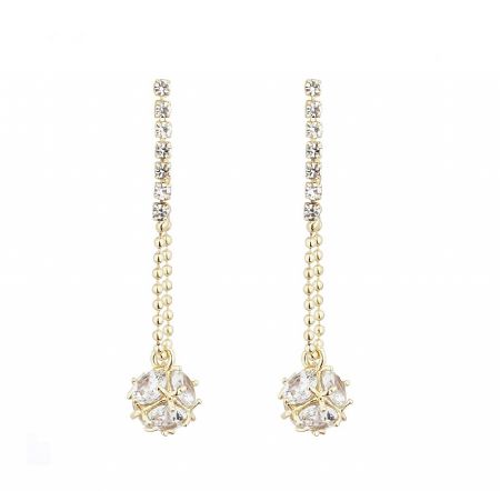 18k Gold Filled CZ Dice Drop Earrings - Close-up of the 18k gold-filled CZ Dice Drop Earrings, showcasing the modern dice design with sparkling white cubic zirconia stones.