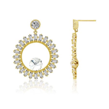 Detailed view of the designer earring showcasing the central gemstone surrounded by smaller baguette-cut cubic zirconia.