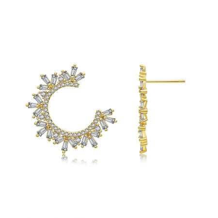 Close-up detail of the gold plated baguette CZ circle earrings, emphasizing the intricate circular sunburst pattern.