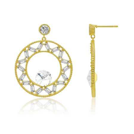Detailed view of the gold chandelier earrings, highlighting the baguette-cut cubic zirconia and shiny finish.