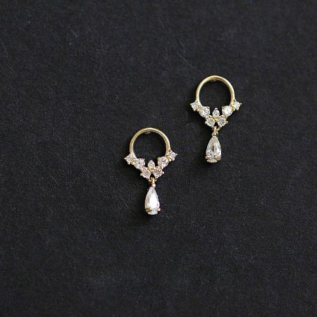 925 Silver Gold Zircon Teardrop Hoop Earrings (5 Pairs) - A pair of 925 silver gold-plated teardrop hoop earrings featuring a floral design with sparkling clear zircon gemstones, displayed on a white surface.