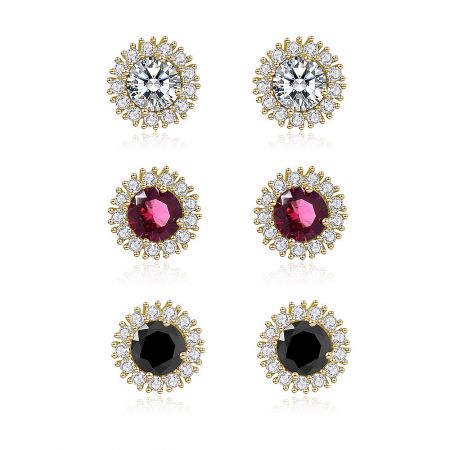 3 Colors CZ Cluster Round Stud Earrings Set - A set of three pairs of gold-plated CZ cluster round stud earrings in clear, red, and black gemstones, displayed on a white background.