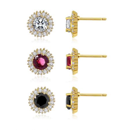 Front and back view of three pairs of gold stud earrings featuring clear, red, and black gemstones, showcasing the post closure.
