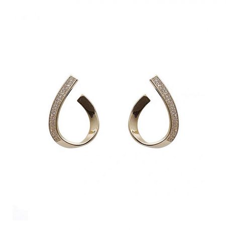 Tear drop Crystal Earrings Wholesale - A pair of gold-plated Tear Drop Crystal Earrings with sparkling white crystal accents, shown on a white background. Style JRE-110.