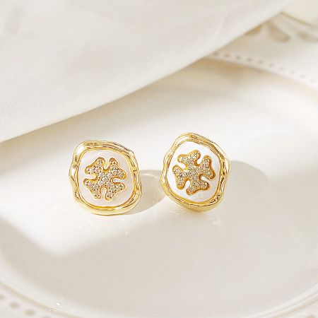 Vintage Gold Plated Zircon Mother of Pearl Shell Stud Earrings (5 Pairs) - A pair of vintage-style gold-plated stud earrings with clear zircon stones, part of a five-pair set from JR Fashion Accessories.