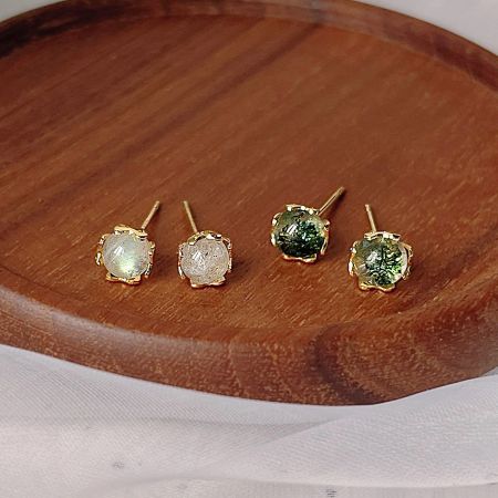 Mini Glitter Green Shimmer Stone Stud Earrings (5 pairs) - A collection of four pairs of mini glitter stone stud earrings in gold settings, featuring both green and white shimmer stones.