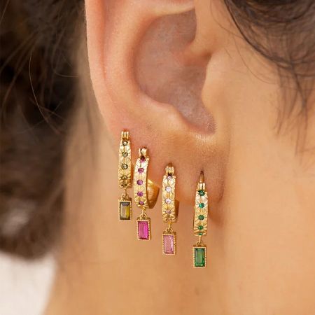 Close-up of colorful square zircon hoop earrings in 925 sterling silver.