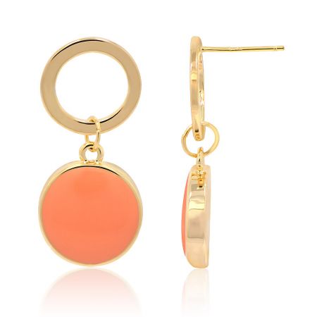 A detailed view of the Spring Orange Enamel Earrings, showcasing the coral-colored enamel pendant.
