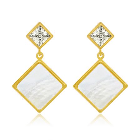 Square Shell Drop Post Earrings - Close-up of Square Shell Drop Post Earrings, showcasing the gold-plated brass, white cubic zirconia, and shell details.