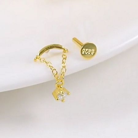 925 Sterling Silver Hidden Helix Tassel Chain Pierced Stud Earrings (Set of 5) - A set of 925 sterling silver hidden helix tassel chain stud earrings in a brilliant gold finish, showcasing a hoop with a dangling charm and a matching stud.