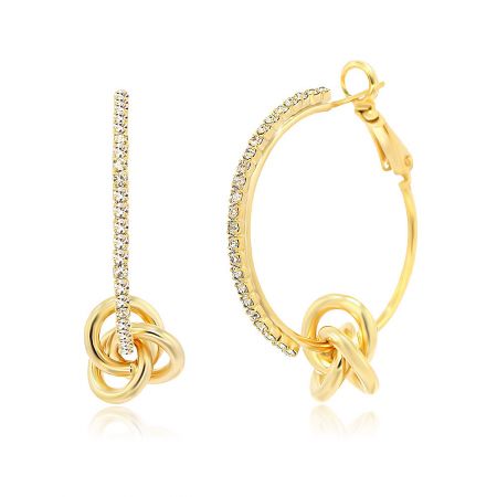 A pair of Crystal Love Knot Hoop Earrings displayed, highlighting the gold-plated finish and dangling crystal charm.