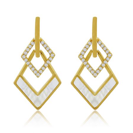 Triangle Shell Frame CZ Charm Earrings - A pair of gold-plated Triangle Shell Frame CZ Charm Earrings, showcasing the triangular shell inlay and brilliant cubic zirconia accents against a white background.