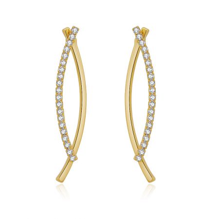 Overlap Curve Bar Earrings in Gold - A close-up studio shot of the Overlap Curve Bar Earrings in Gold, showcasing the intricate gold-plated brass design and sparkling Czech crystal details.