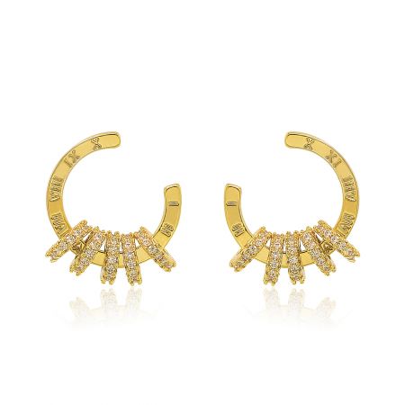 Gold Circle Hoop Studs - Close-up of Gold Circle Hoop Studs (BEQ04-G-Z-01210) showcasing the five gold-filled rings and sparkling cubic zirconia stones on a white background.