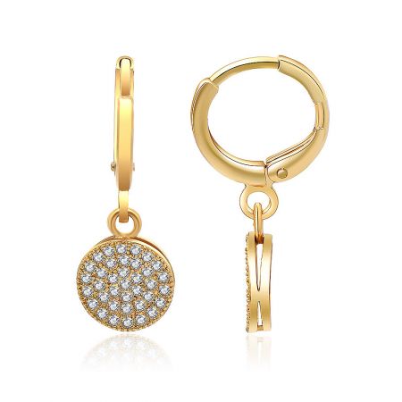 Detailed view of the gold zirconia drop earring's diamond-encrusted circular pendant.