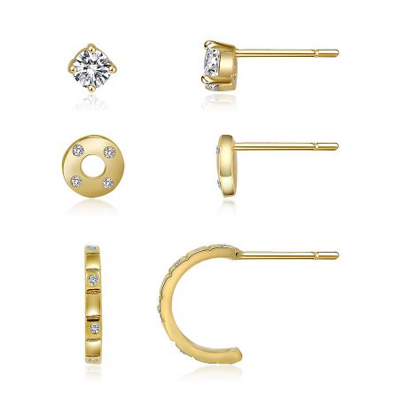 Detailed view of the gold-tone stud and hoop earrings from the 3-in-1 combo set.