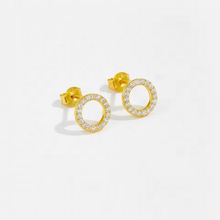 S925 Gold-Plated Round CZ Stud Earrings - Set of 5 Pairs - A close-up of S925 gold-plated round stud earrings, showcasing the brilliant cubic zirconia stones set in a classic circular design.