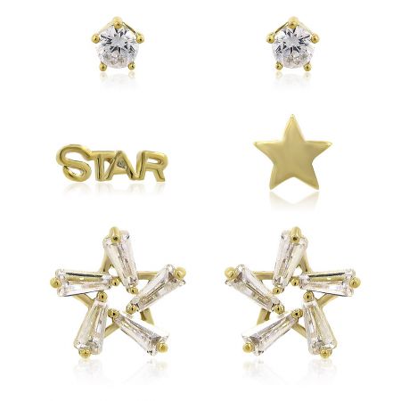 Detailed view of the gold-plated star stud earrings set with sparkling cubic zirconia stones.