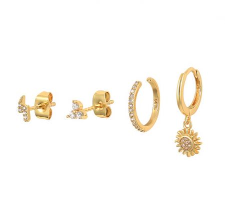 Flower Huggie Hoop Earrings Set - A stunning collection of wholesale Flower Huggie Hoop Earrings in a gold finish, style JRE-138, adorned with sparkling cubic zirconia stones.