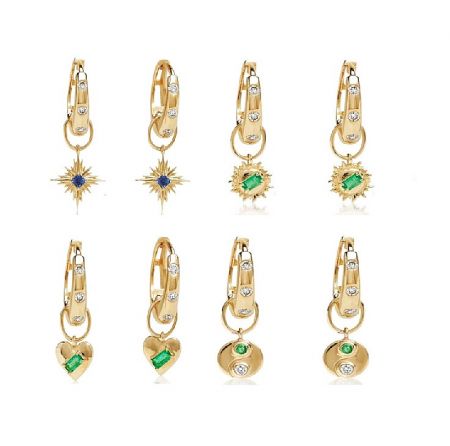 Changeable Hoop Earrings - A collection of versatile changeable gold hoop earrings (JRE-127) displayed with an assortment of colorful gemstone and pearl charms.