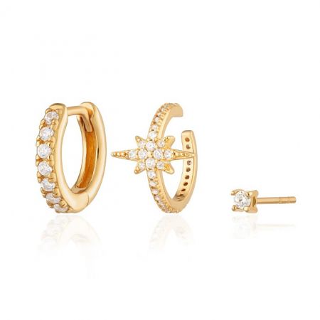 Sunburst Huggie Earrings Set - A set of Sunburst Huggie Earrings in gold plating, featuring hoop and post styles adorned with brilliant white cubic zirconia gemstones.