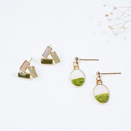 Gold Plated Spring Style Enamel Fashion Design Stud Earrings (Set of 5 Pairs) - A set of gold-plated spring style stud earrings featuring fashionable enamel designs in green and neutral colors.