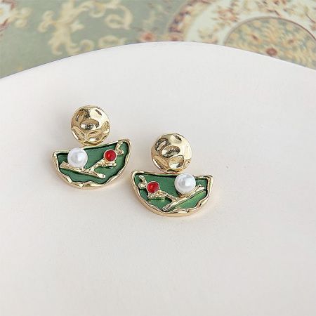 Wholesale 14k Gold Plated Enamel with Pearl and Zircon Drop Earrings (5 pairs) - A pair of wholesale 14k gold-plated drop earrings with a vibrant green enamel design, accented with elegant white pearls and sparkling red zircon gemstones.