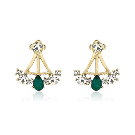 Shiny Crystal Emerald Ear Jacket - A close-up of the Shiny Crystal Emerald Ear Jacket, showcasing its intricate triangular design with sparkling green and clear gemstones on a gold-plated finish.