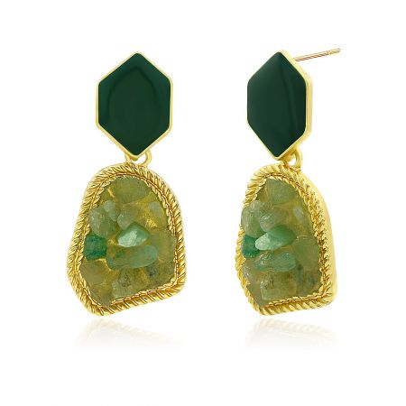 Detailed view of the green raw stone earrings, showcasing the unique design with a hexagonal top stone and an irregular bottom stone.
